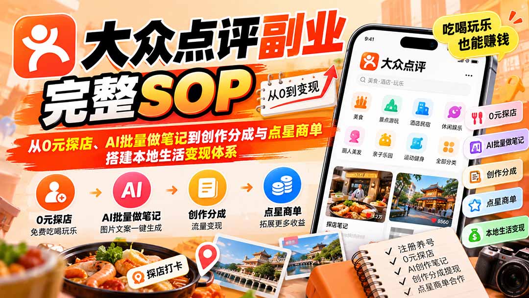 （20638期）【无水印】大众点评副业完整SOP：从0元探店、AI批量做笔记到创作分成与点星商单，搭建本地生活变现体系-我爱项目网