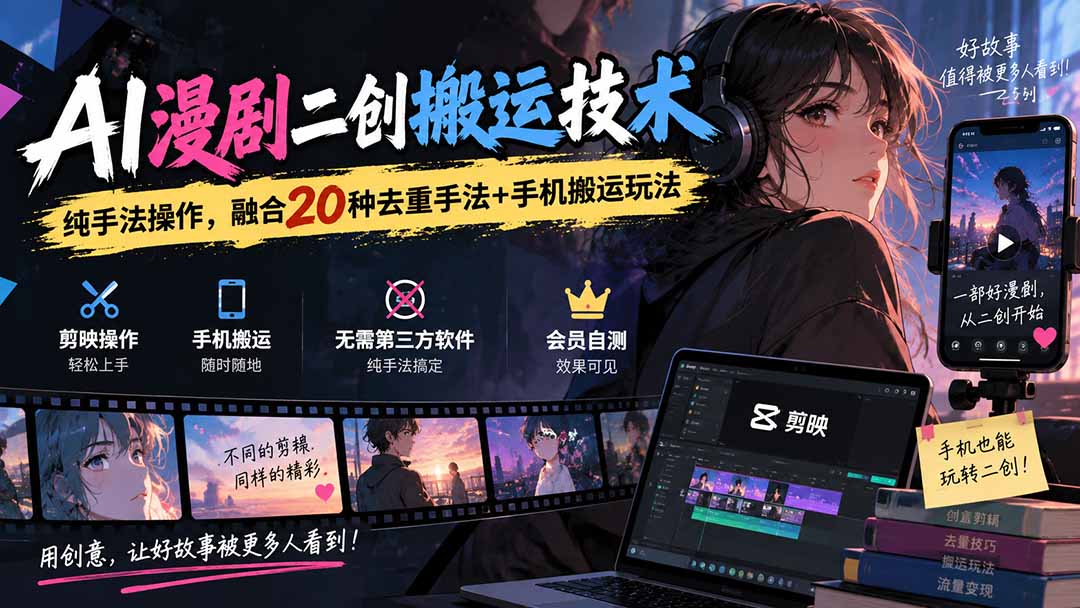 （20551期）AI漫剧二创搬运技术，纯手法操作，融合20种去重手法++手机搬运玩法-我爱项目网
