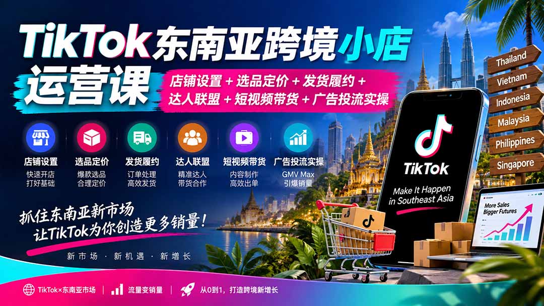 （20483期）TikTok东南亚跨境小店运营课：店铺设置+选品定价+发货履约+达人联盟+短视频带货+广告投流实操-我爱项目网