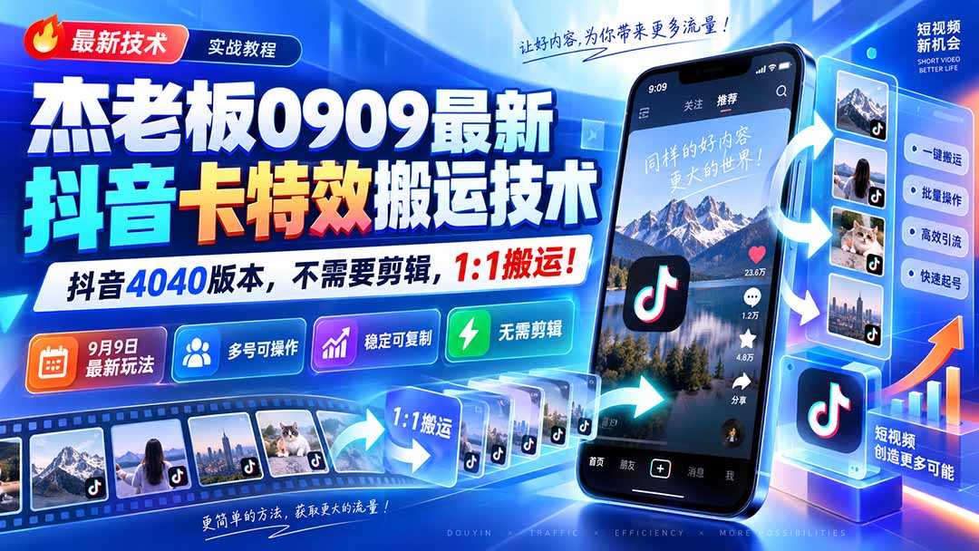 (20369期)杰老板0909最新抖音卡特效搬运技术,抖音4040版本,不需要剪辑,1:1搬运!-我爱项目网