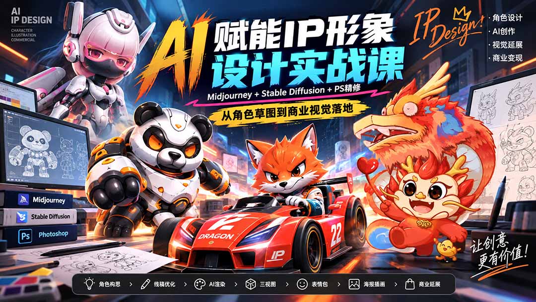 (20552期)AI赋能IP形象设计实战课-无水印:Midjourney+Stable Diffusion+PS精修,从角色草图到商业视觉落地-我爱项目网