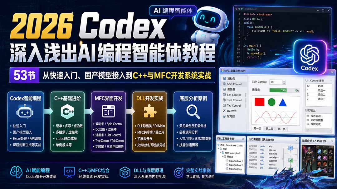 （20221期）2026 Codex深入浅出AI编程智能体教程：53节从快速入门、国产模型接入到C++与MFC开发系统实战-我爱项目网