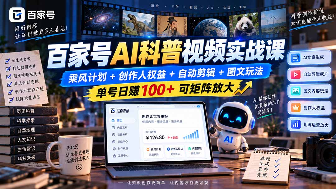 （20579期）百家号AI科普视频实战课：乘风计划+创作人权益+自动剪辑+图文玩法，单号日赚100+可矩阵放大-我爱项目网