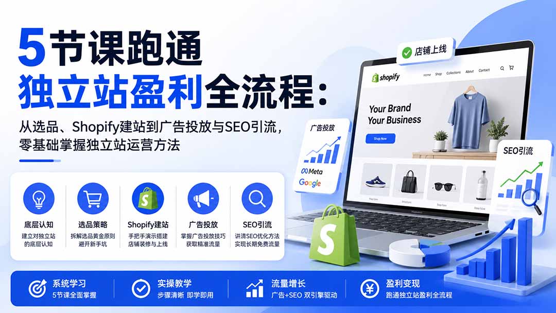 （20316期）5节课跑通独立站盈利全流程：从选品、Shopify建站到广告投放与SEO引流，零基础掌握独立站运营方法-我爱项目网