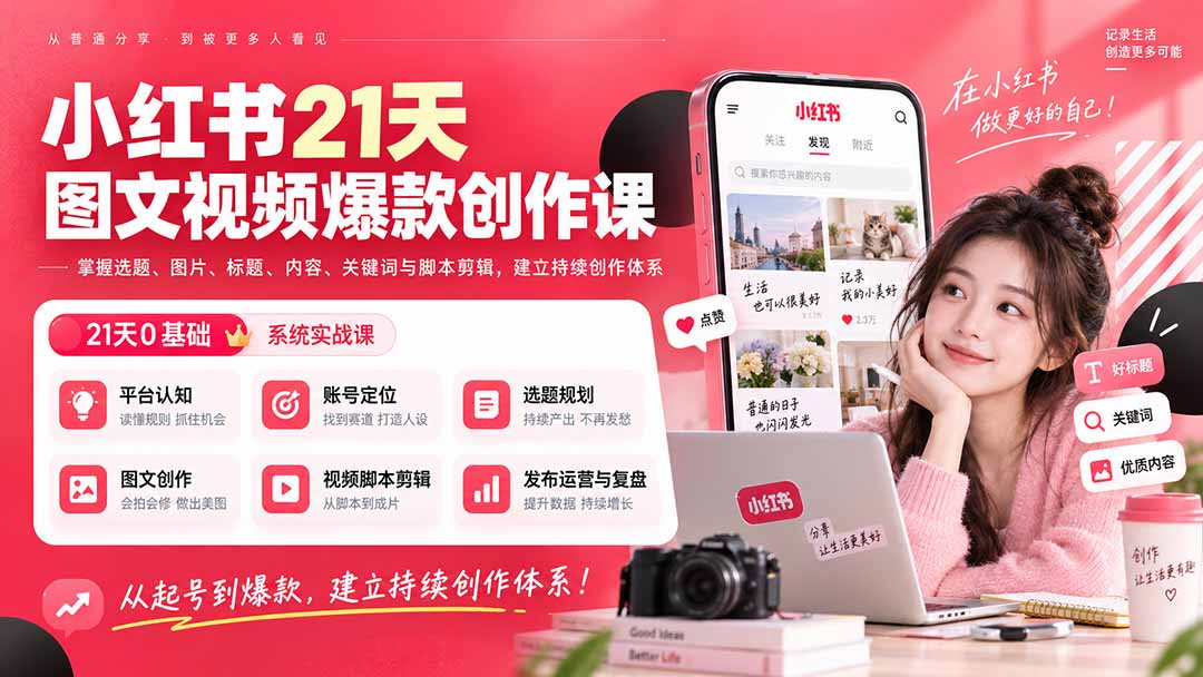（20341期）小红书21天图文视频爆款创作课：掌握选题、图片、标题、内容、关键词与脚本剪辑，建立持续创作体系-我爱项目网