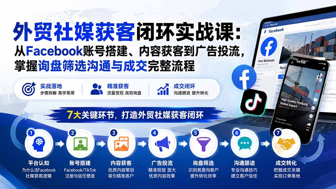 （20318期）外贸社媒获客闭环实战课：从Facebook账号搭建、内容获客到广告投流，掌握询盘筛选沟通与成交完整流程-我爱项目网