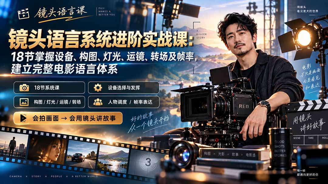 （20434期）镜头语言系统进阶实战课：18节掌握设备、构图、灯光、运镜、转场及帧率，建立完整电影语言体系-我爱项目网