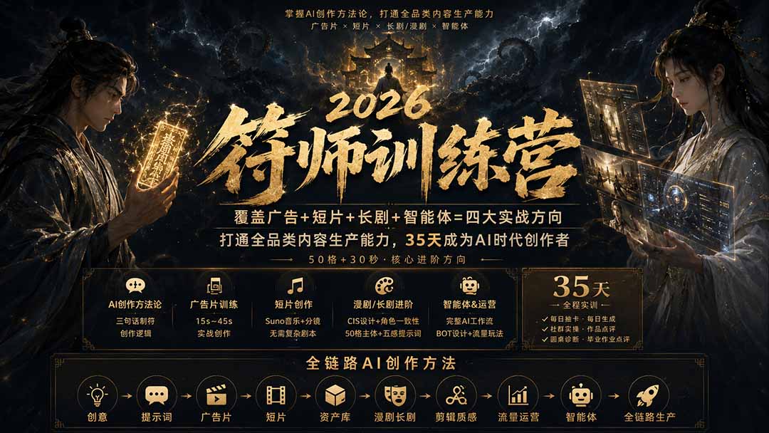 （20180期）符师训练营-35天成为AI时代创作者，广告+短片+漫剧+智能体四大实战方向，掌握从创意到上线的完整工作流-我爱项目网