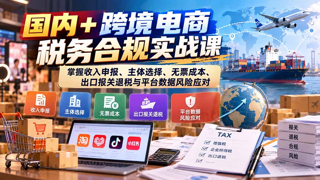（20686期）国内+跨境电商税务合规实战课：掌握收入申报、主体选择、无票成本、出口报关退税与平台数据风险应对-我爱项目网