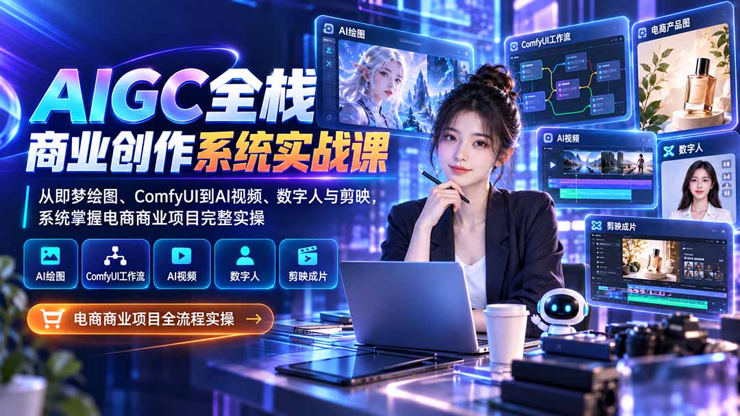 （20342期）AIGC全栈商业创作系统实战课：从即梦绘图、ComfyUI到AI视频、数字人与剪映，系统掌握电商商业项目完整实操-我爱项目网