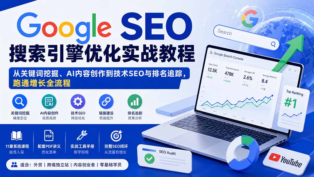 （20241期）Google SEO搜索引擎优化实战教程：从关键词挖掘、AI内容创作到技术SEO与排名追踪，跑通增长全流程-我爱项目网