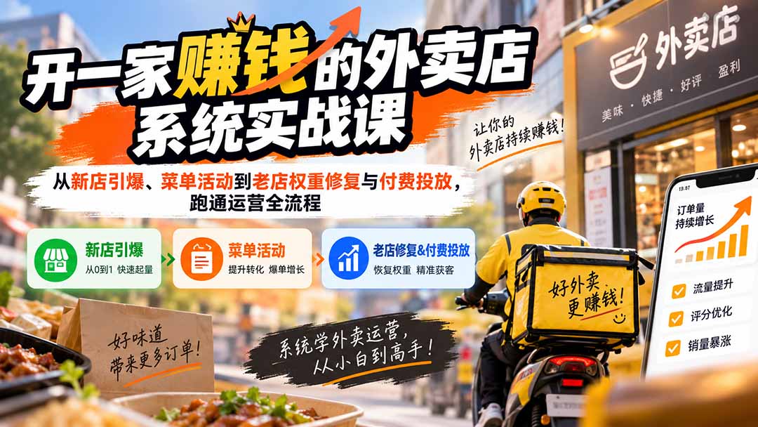 （20258期）开一家赚钱的外卖店系统实战课：从新店引爆、菜单活动到老店权重修复与付费投放，跑通运营全流程-我爱项目网