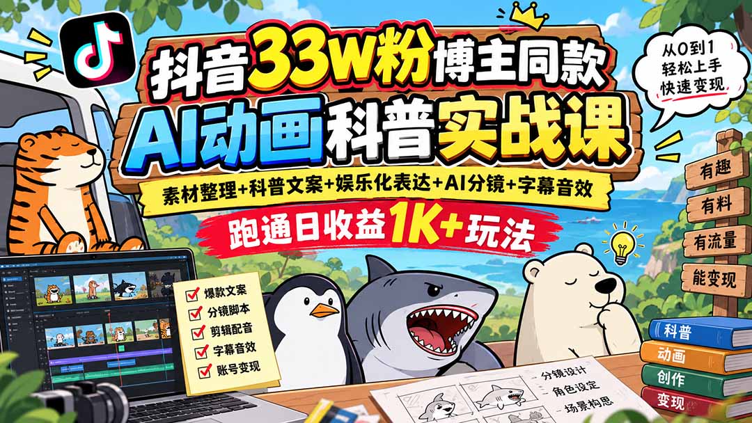 （20510期）抖音33W粉博主同款AI动画科普实战课｜素材整理+科普文案+娱乐化表达+AI分镜+字幕音效，跑通日收益1K+玩法-我爱项目网