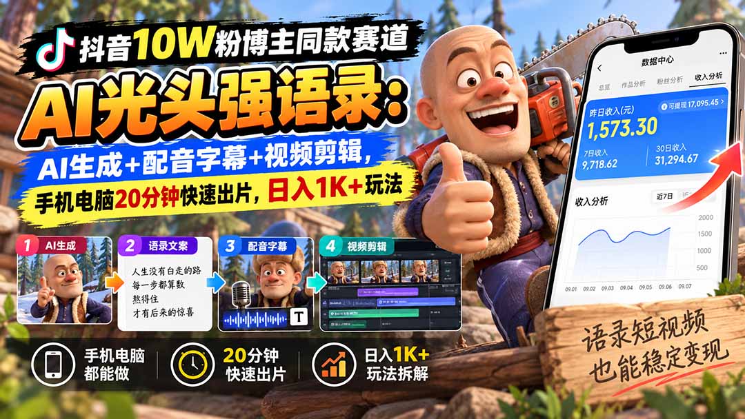 （20687期）【无水印】抖音10W粉博主同款赛道AI光头强语录：AI生成+配音字幕+视频剪辑，手机电脑20分钟快速出片，日入1K+玩法-我爱项目网