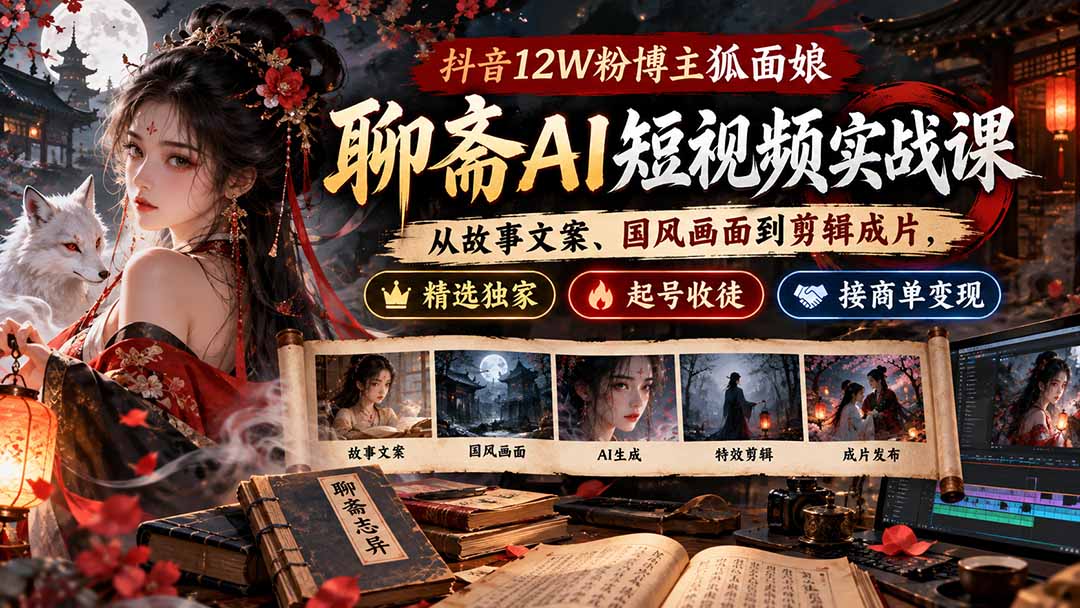 (20639期)抖音12W粉博主狐面娘-聊斋AI短视频实战课:从故事文案、国风画面到剪辑成片,精选独家+起号收徒+接商单变现-我爱项目网