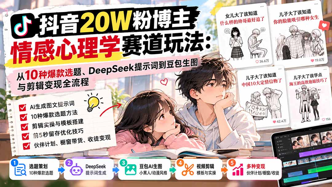 （20688期）抖音20W粉博主-情感心理学赛道玩法：从10种爆款选题、DeepSeek提示词到豆包生图与剪辑变现全流程-我爱项目网