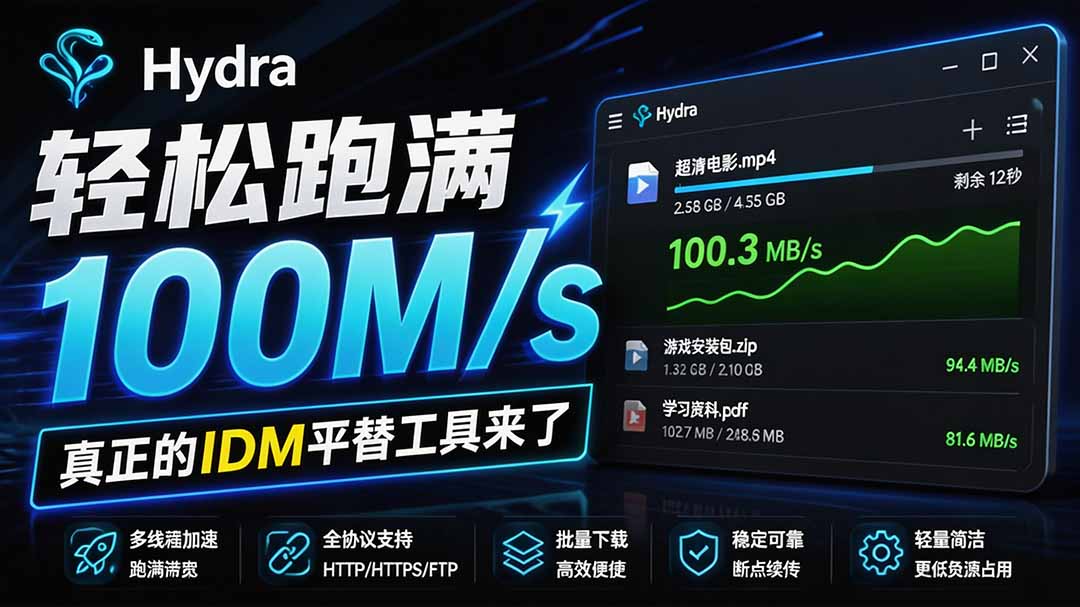 （20350期）轻松跑满100M/s，真正的IDM平替工具来了，开源多线程器，支持浏览器拓展，一键智能加速 Hydra Download Manager-我爱项目网