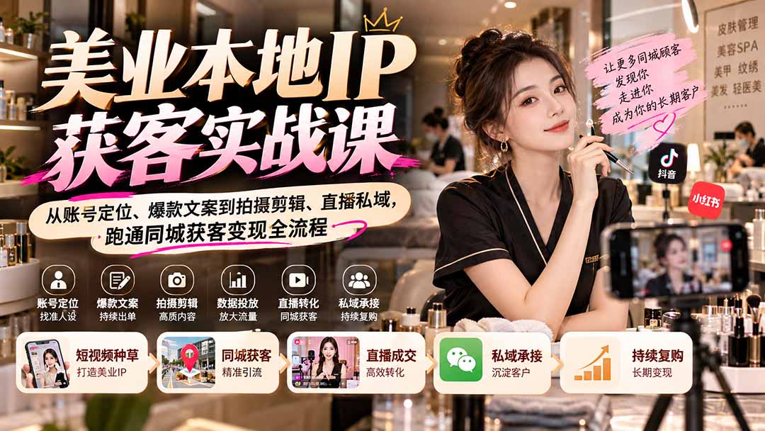 （20640期）【无水印】美业本地IP获客实战课：从账号定位、爆款文案到拍摄剪辑、直播私域，跑通同城获客变现全流程-我爱项目网