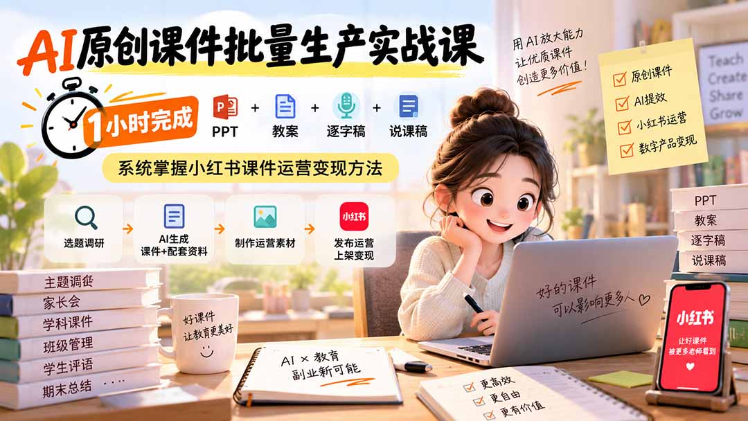 （20351期）AI原创课件批量生产实战课：1小时完成PPT+教案+逐字稿+说课稿，系统掌握小红书课件运营变现方法-我爱项目网