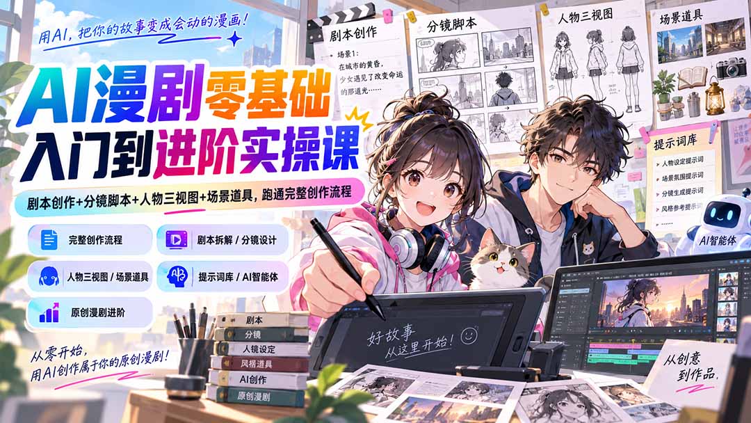 （20352期）AI漫剧零基础入门到进阶实操课：剧本创作+分镜脚本+人物三视图+场景道具，跑通完整创作流程-我爱项目网