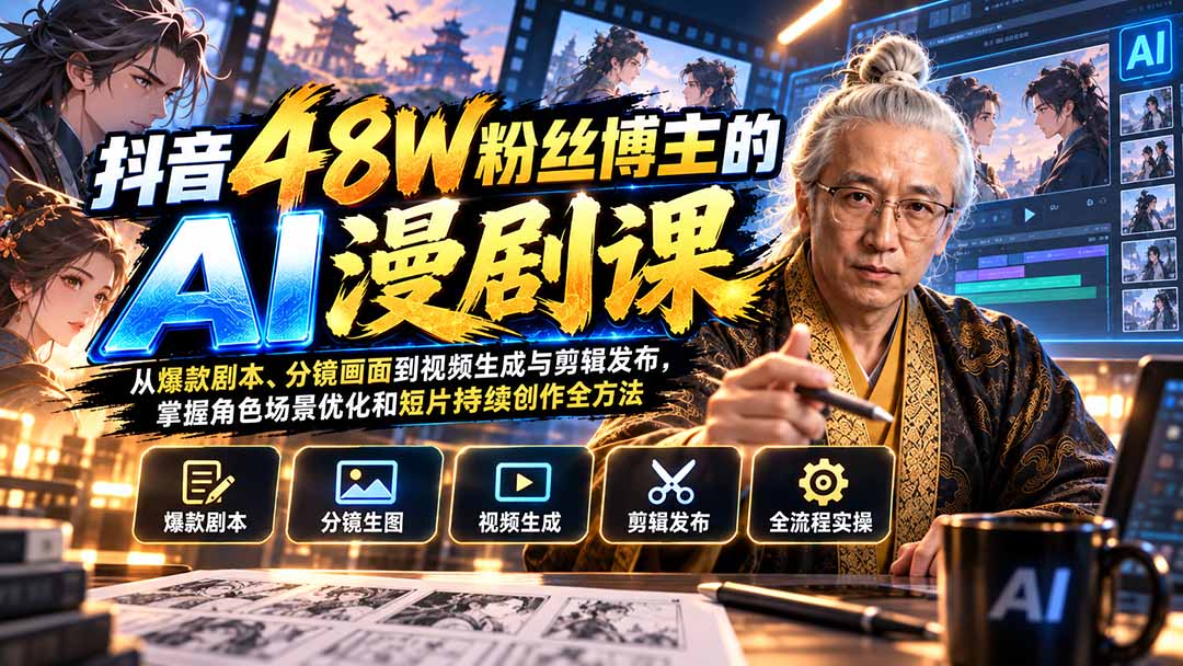（20353期）抖音48W粉丝博主的AI漫剧课：从爆款剧本、分镜画面到视频生成与剪辑发布，掌握角色场景优化和短片持续创作全方法-我爱项目网