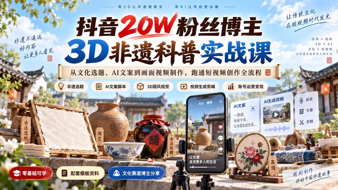 （20356期）抖音20W粉丝博主3D非遗科普实战课：从文化选题、AI文案到画面视频制作，跑通短视频创作全流程-我爱项目网