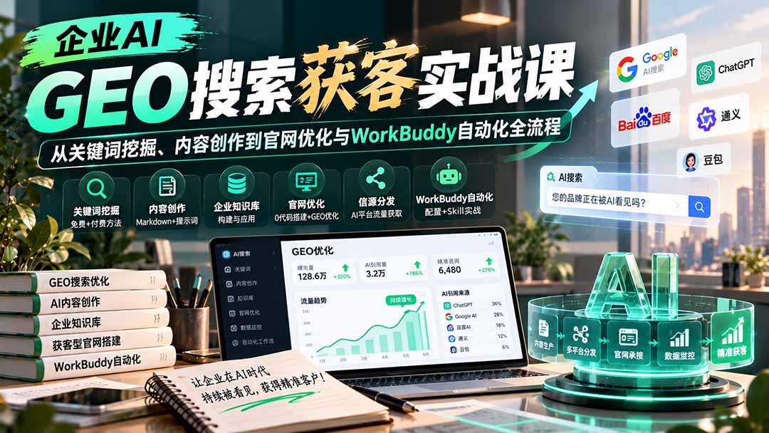 （20643期）企业AI GEO搜索获客实战课：从关键词挖掘、内容创作到官网优化与WorkBuddy自动化全流程-我爱项目网