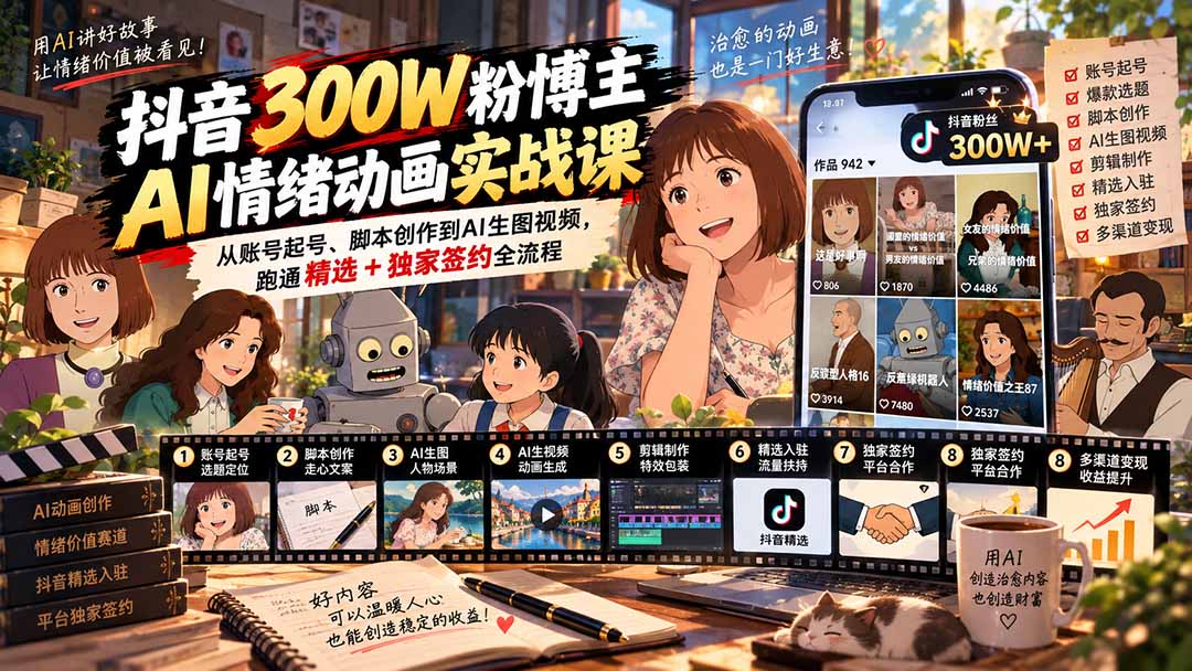 （20616期）抖音300W粉博主AI情绪动画实战课：从账号起号、脚本创作到AI生图视频，跑通精选+独家签约全流程-我爱项目网