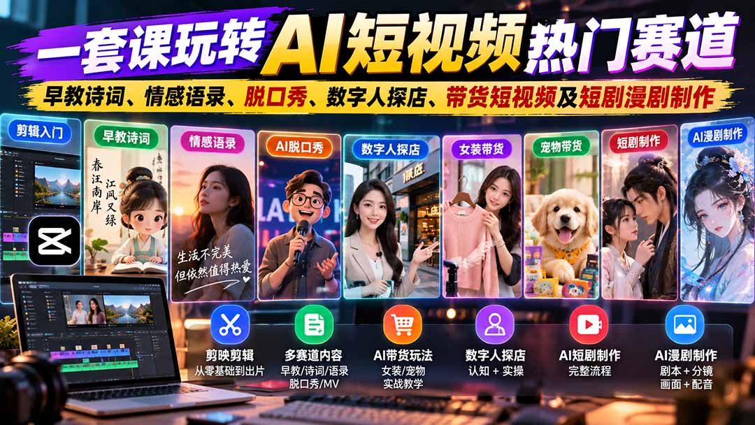 （20964期）一套课玩转AI短视频热门赛道：早教诗词、情感语录、脱口秀、数字人探店、带货短视频及短剧漫剧制作  复制标题-我爱项目网