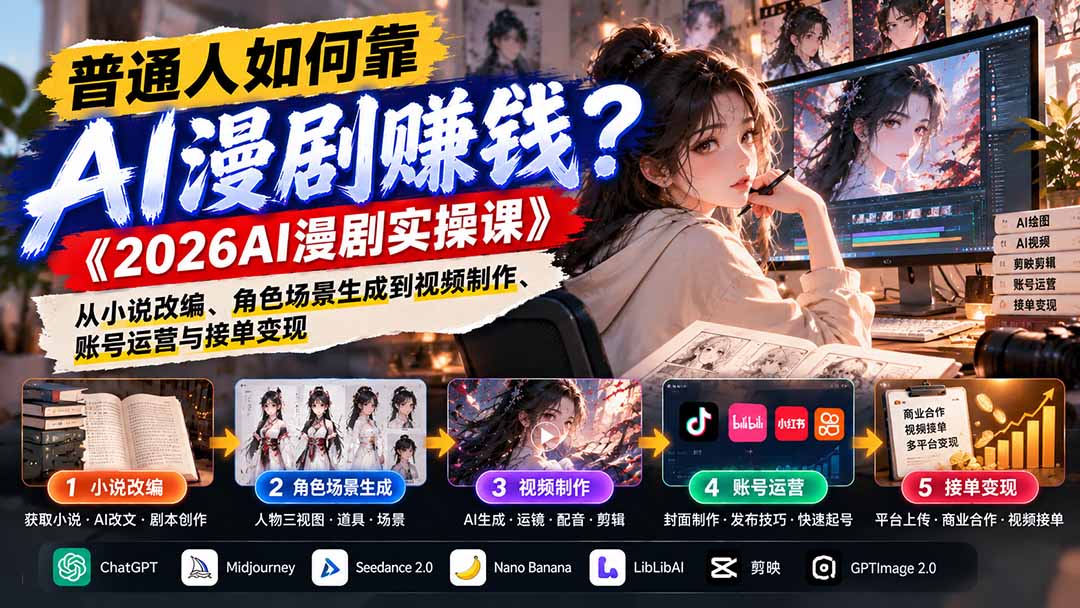 （21173期）普通人如何靠AI漫剧赚钱？《2026AI漫剧实操课》从小说改编、角色场景生成到视频制作、账号运营与接单变现-我爱项目网