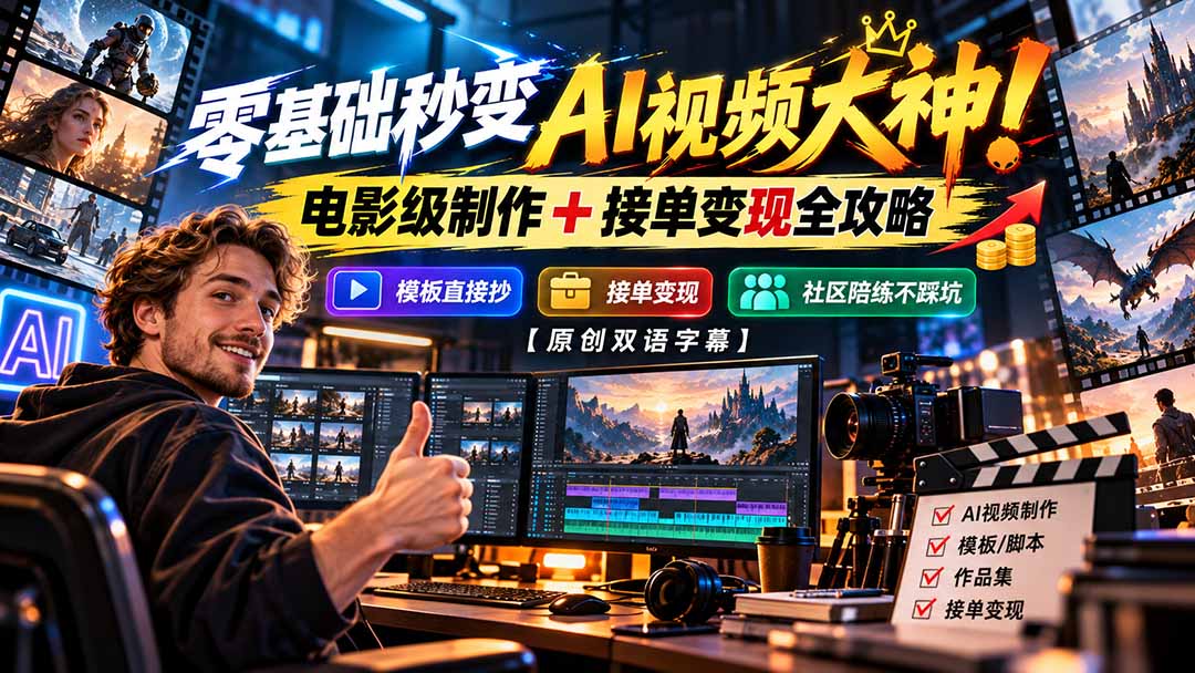 （20897期）零基础秒变AI视频大神！电影级制作 + 接单变现全攻略，模板直接抄，社区陪练不踩坑【原创双语字幕】-我爱项目网