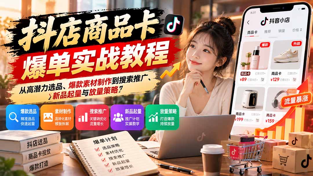 （21148期）抖店商品卡爆单实战教程：从高潜力选品、爆款素材制作到搜索推广、新品起量与放量策略-我爱项目网