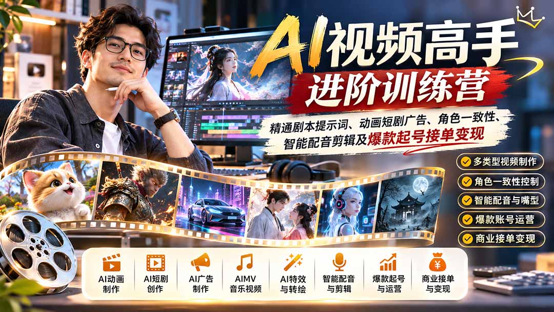 （21174期）AI视频高手进阶训练营：精通剧本提示词、动画短剧广告、角色一致性、智能配音剪辑及爆款起号接单变现-我爱项目网
