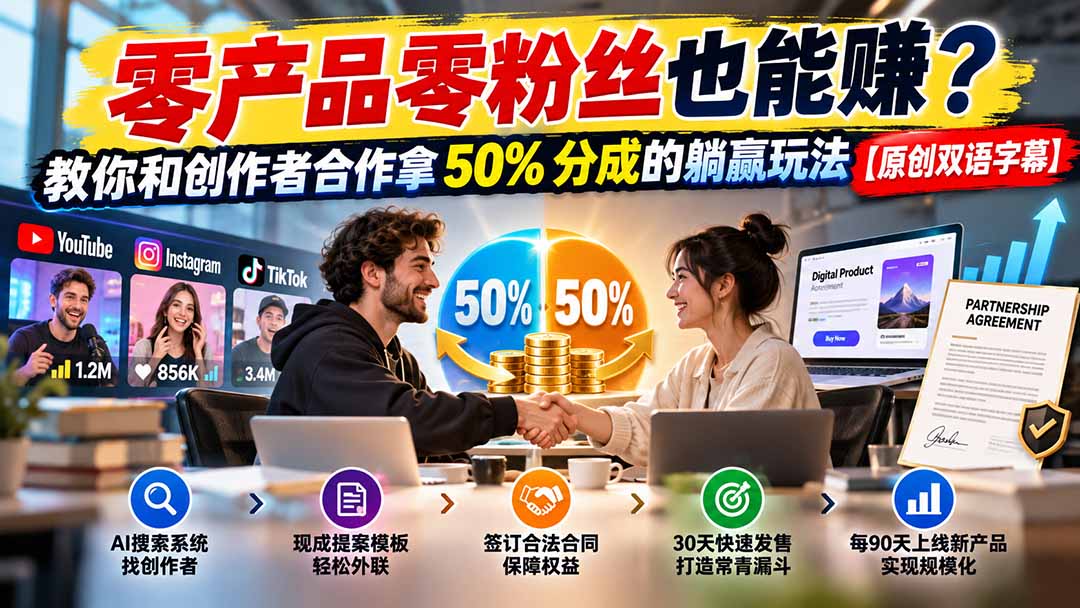 （20957期）零产品零粉丝也能赚？教你和创作者合作拿 50% 分成的躺赢玩法【原创双语字幕】-我爱项目网