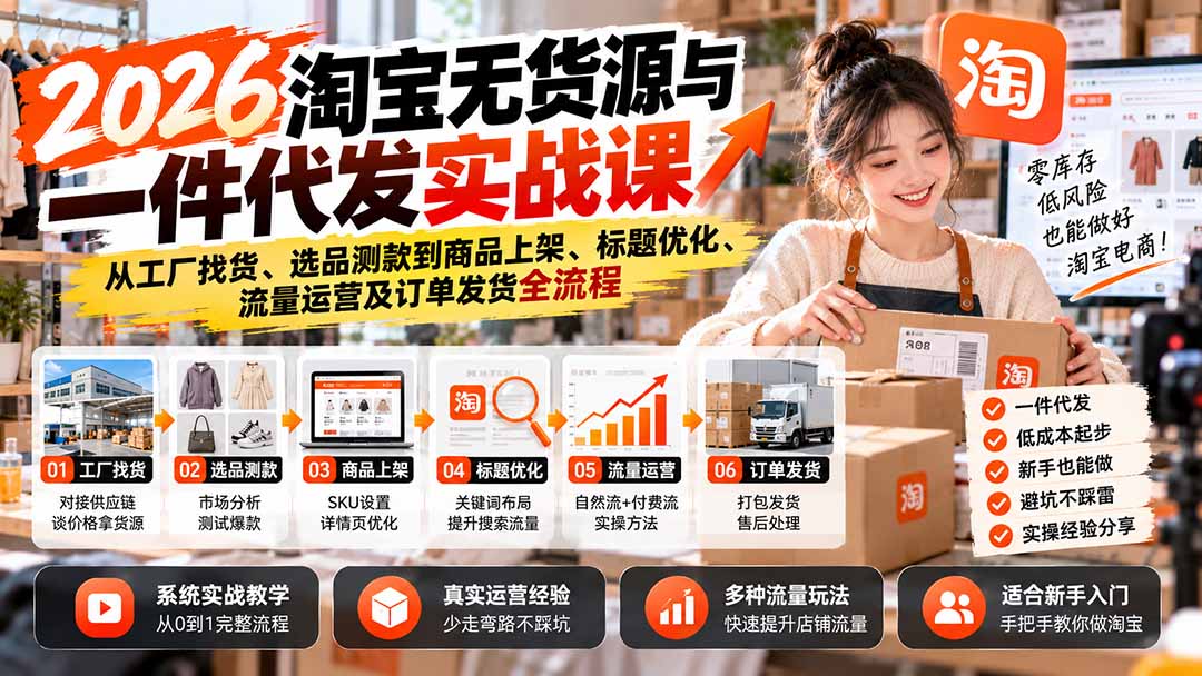（20903期）2026淘宝无货源与一件代发实战课：从工厂找货、选品测款到商品上架、标题优化、流量运营及订单发货全流程-我爱项目网