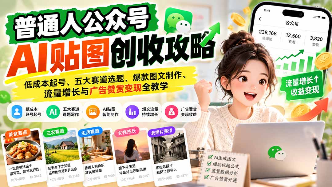 （20972期）普通人公众号AI贴图创收攻略：低成本起号、五大赛道选题、爆款图文制作、流量增长与广告赞赏变现全教学-我爱项目网