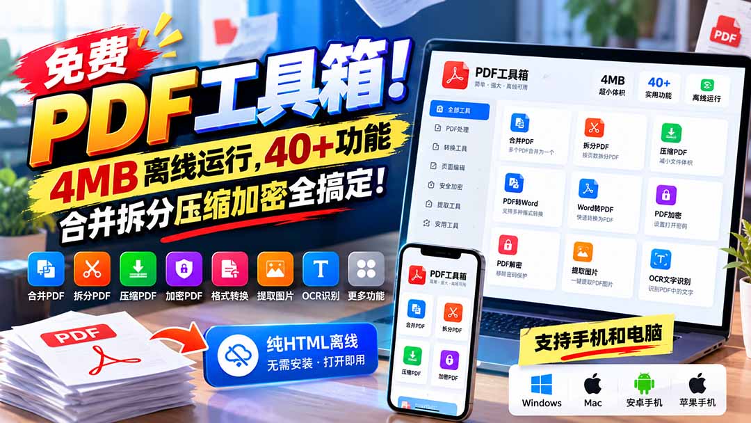 （21197期）免费PDF工具箱！4MB离线运行，40+功能，合并拆分压缩加密全搞定！-我爱项目网