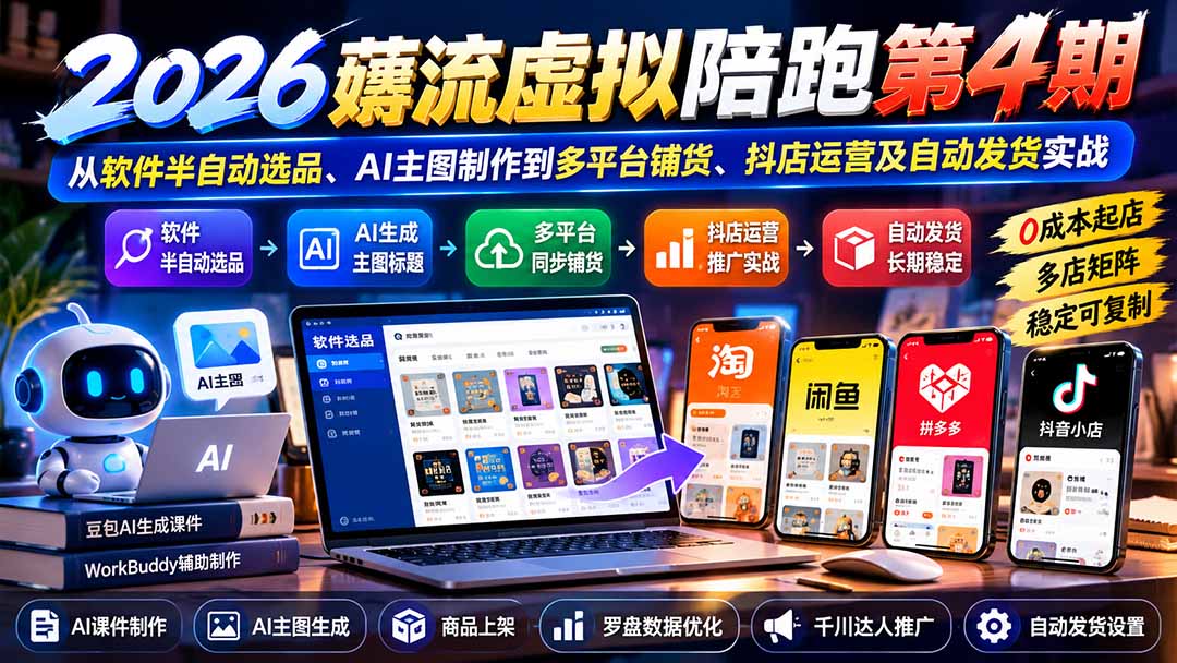 （20986期）2026薅流虚拟陪跑第4期：从软件半自动选品、AI主图制作到多平台铺货、抖店运营及自动发货实战-我爱项目网