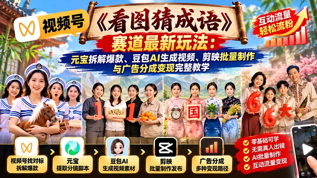(21060期)视频号《看图猜成语》赛道最新玩法:元宝拆解爆款、豆包AI生成视频、剪映批量制作与广告分成变现完整教学-我爱项目网