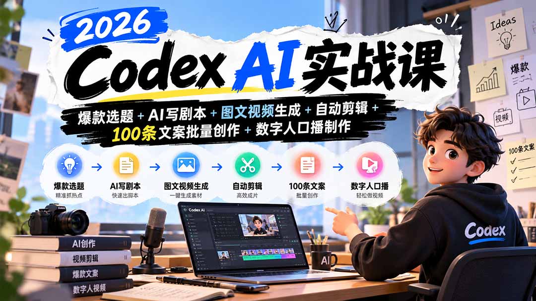 （20899期）2026Codex AI实战课：爆款选题+AI写剧本+图文视频生成+自动剪辑+100条文案批量创作+数字人口播制作-我爱项目网