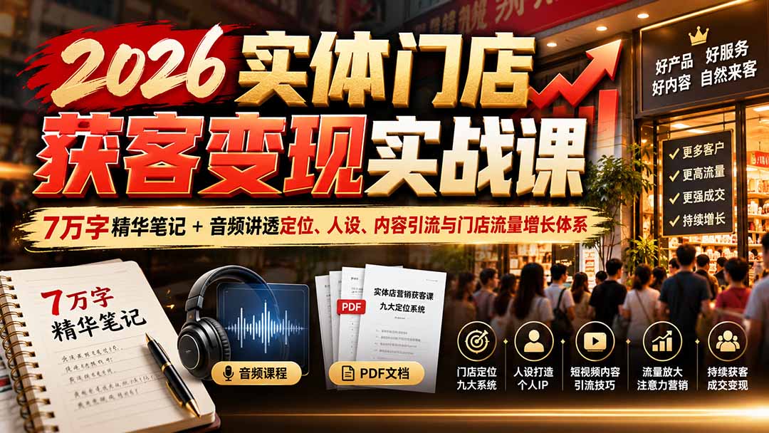 （20832期）2026实体门店获客变现实战课：7万字精华笔记+音频讲透定位、人设、内容引流与门店流量增长体系-我爱项目网