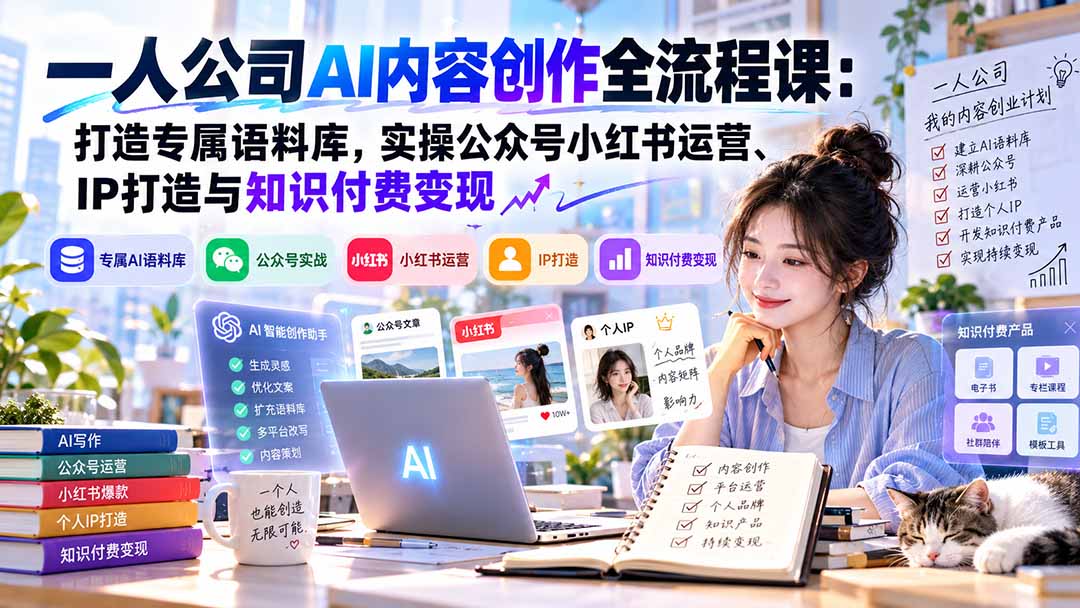 （20866期）一人公司AI内容创作全流程课：打造专属语料库，实操公众号小红书运营、IP打造与知识付费变现方法论-我爱项目网
