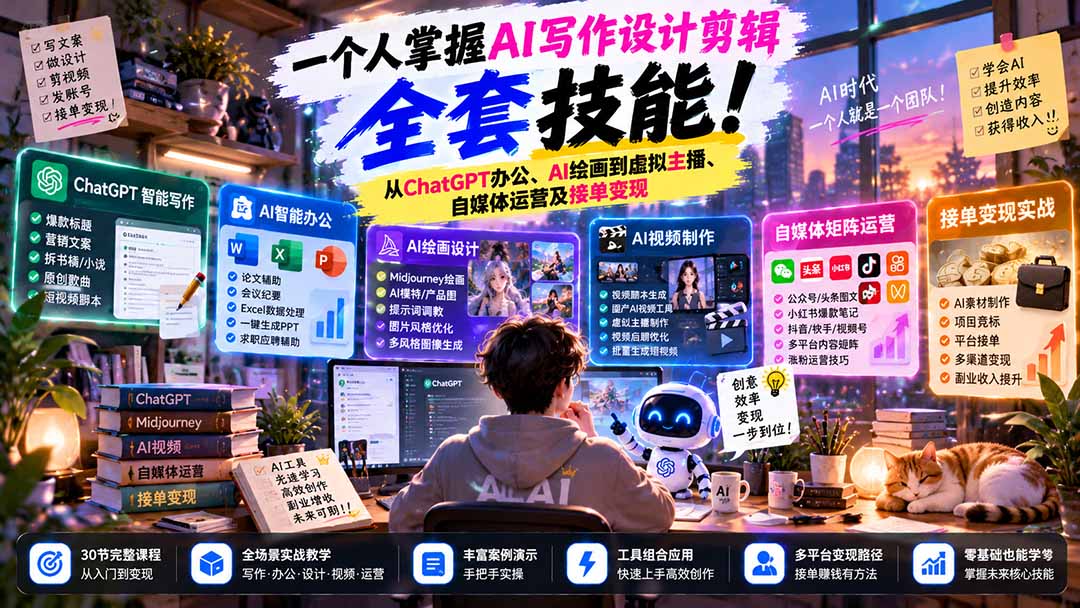 (21029期)一个人掌握AI写作设计剪辑全套技能:从ChatGPT办公、AI绘画到虚拟主播、自媒体运营及接单变现-我爱项目网