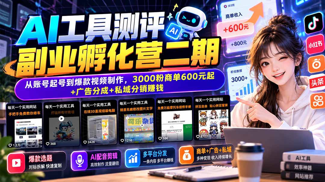 （20799期）AI工具测评副业孵化营二期：从账号起号到爆款视频制作，3000粉商单600元起+广告分成+私域分销赚钱-我爱项目网