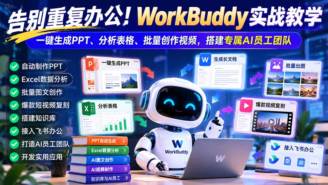 （21152期）告别重复办公！WorkBuddy实战教学：一键生成PPT、分析表格、批量创作视频，搭建专属AI员工团队-我爱项目网