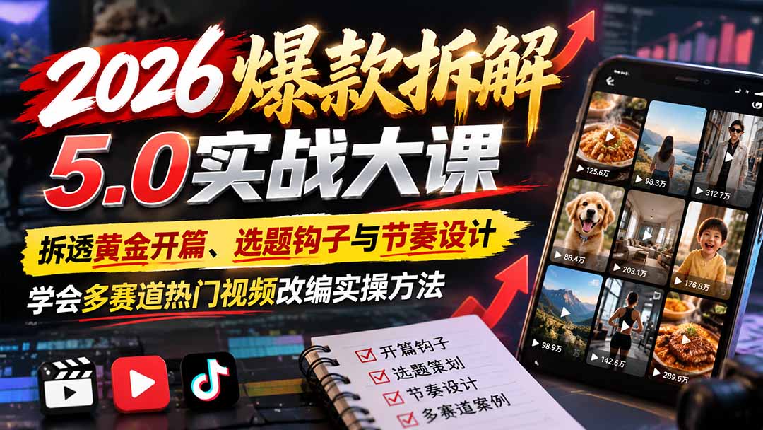 （21110期）2026爆款拆解5.0实战大课：拆透黄金开篇、选题钩子与节奏设计，学会多赛道热门视频改编实操方法-我爱项目网