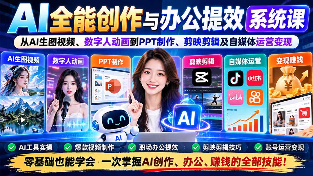 （20885期）AI全能创作与办公提效系统课：从AI生图视频、数字人动画到PPT制作、剪映剪辑及自媒体运营变现-我爱项目网