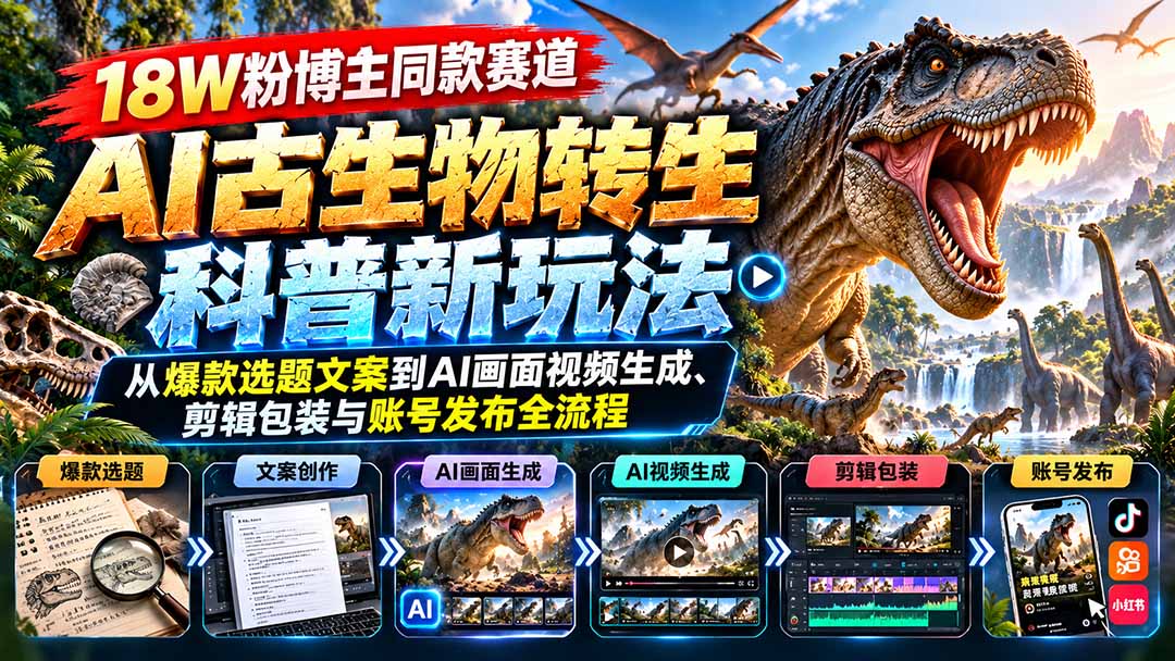 （20833期）18W粉博主同款赛道-AI古生物转生科普新玩法：从爆款选题文案到AI画面视频生成、剪辑包装与账号发布全流程-我爱项目网