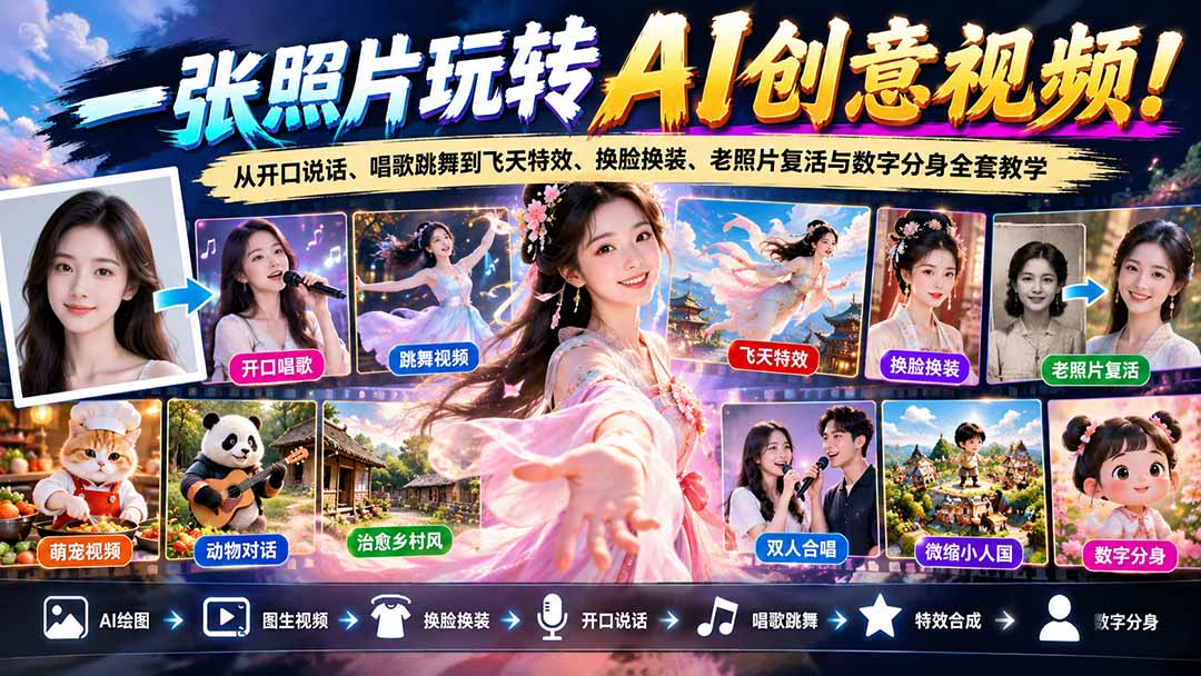 （21202期）一张照片玩转AI创意视频！从开口说话、唱歌跳舞到飞天特效、换脸换装、老照片复活与数字分身全套教学-我爱项目网