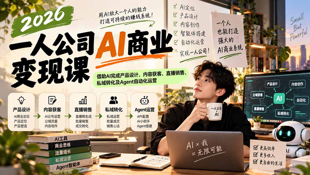 (20901期)2026一人公司AI商业变现课:借助AI完成产品设计、内容获客、直播销售、私域转化及Agent自动化运营-我爱项目网